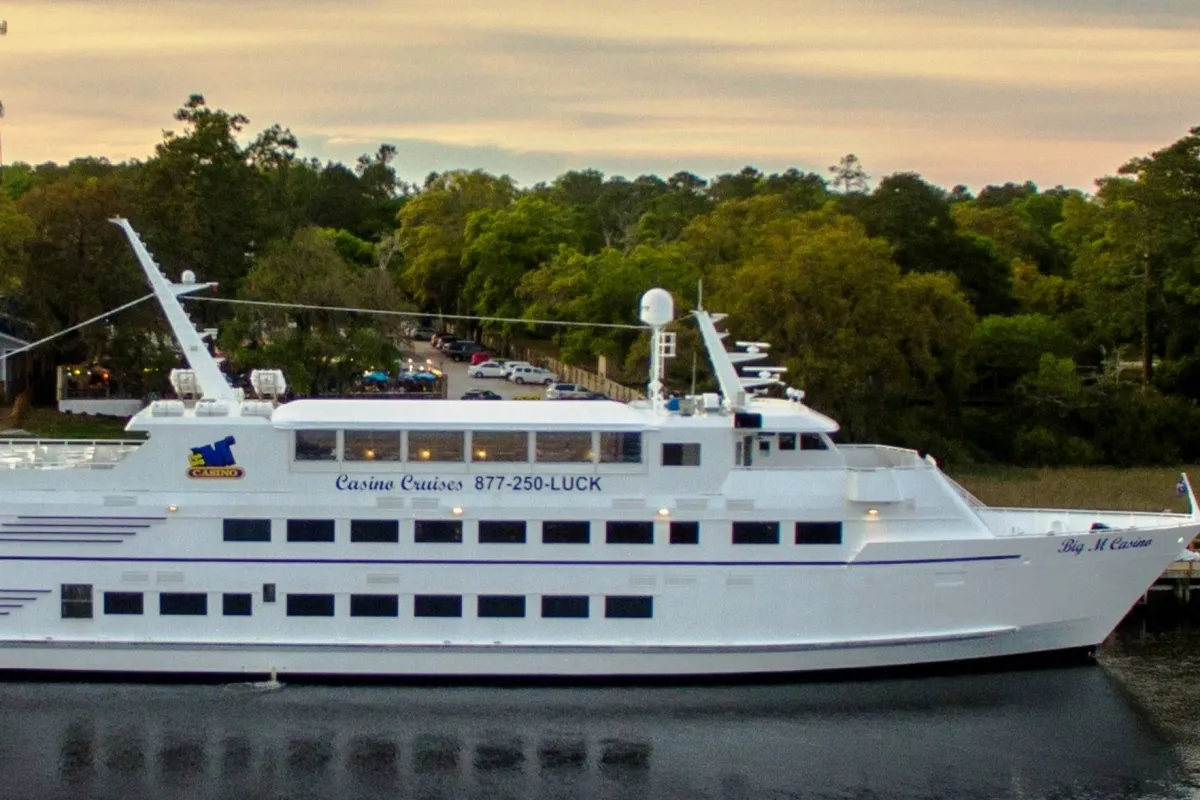 A luxurious cruise ship gliding along the river, framed by lush trees. The setting feels elegant and tranquil, hinting at scenic cruises, casino gaming, and unique dining experiences on the water.